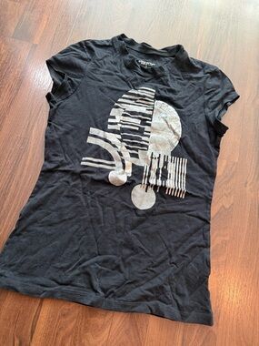 BEBE Sport Black Graphic Tee with Silver Abstract Print